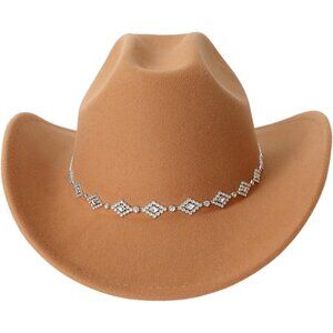 Verdusa Women Brown 100% Polyester Rhinestone Diamond Chain Band Cowboy Felt Hat